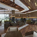 Modern Café Interior Design With Large Windows Wooden Ceiling And Cozy Seating Area