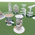 Modern Designed Towers With Spiral Structures And Openwork Designs On Green Grassy Field