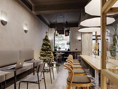 Cozy Restaurant Interior With Christmas Tree Long Wooden Table Sofa Seats And Chairs 3d model