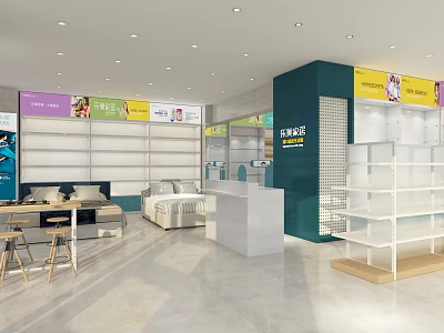 Modern Retail Store Interior With Furniture Display Shelves Sofa Bed Counter Bright Lighting And Signs 3d model
