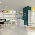 Modern Retail Store Interior With Furniture Display Shelves Sofa Bed Counter Bright Lighting And Signs