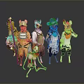 Group Of Anthropomorphic Animal Characters And Skeleton Creature In Colorful Costumes With Hats And Scarves