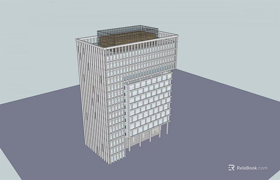 Modern Office Building With Vertical Glass Facade And Top Structure Design 3d model 