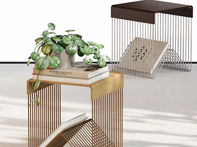 Elegant Side Table with Gold Frame Dark Top Metal Grid and Green Plant Books 3d model