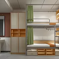 Modern Dormitory Room With Bunk Beds Wooden Lockers And Study Desk