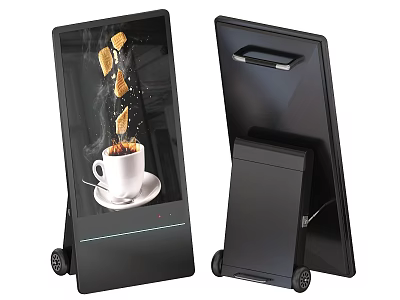Mobile Commercial Digital Signage Display with Screen Showing Coffee and Snacks on Wheels 3d model