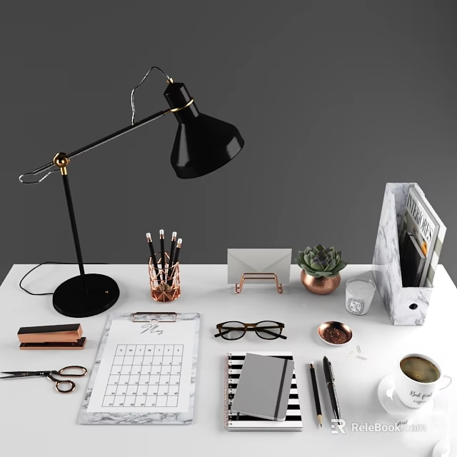 Organized Office Desk With Black Lamp Pencils Succulent Folder And Coffee Cup 3d model 