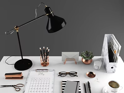 Organized Office Desk With Black Lamp Pencils Succulent Folder And Coffee Cup 3d model