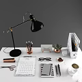 Organized Office Desk With Black Lamp Pencils Succulent Folder And Coffee Cup