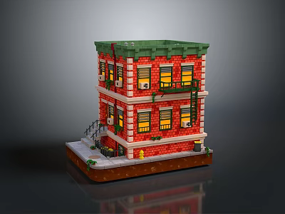 Two Story Red Brick Building Model With Green Roof Yellow Windows And Fire Escape 3d model