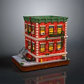 Two Story Red Brick Building Model With Green Roof Yellow Windows And Fire Escape