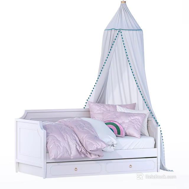 White Canopy Kids Bed With Green Tassel Trim Pink Bedding And Pillows Drawer 3d model 