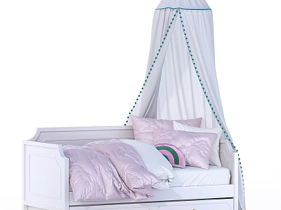 White Canopy Kids Bed With Green Tassel Trim Pink Bedding And Pillows Drawer 3d model