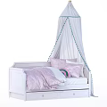 White Canopy Kids Bed With Green Tassel Trim Pink Bedding And Pillows Drawer