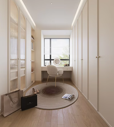 Minimalist Modern Closet With Window Vanity Chair And Round Rug 3d model