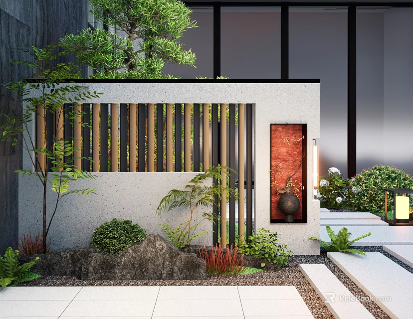 Modern Feature Wall Design With Wooden Slats Green Plants Stone Landscape And Decorative Painting 3d model 