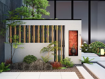 Modern Feature Wall Design With Wooden Slats Green Plants Stone Landscape And Decorative Painting 3d model