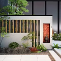 Modern Feature Wall Design With Wooden Slats Green Plants Stone Landscape And Decorative Painting