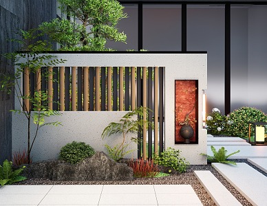 New Chinese style courtyard landscape wall landscape grid background fence 3d model