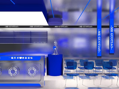 Modern Open Concept Blue Restaurant With Water Bar Blue Seats Columns And Decor 3d model