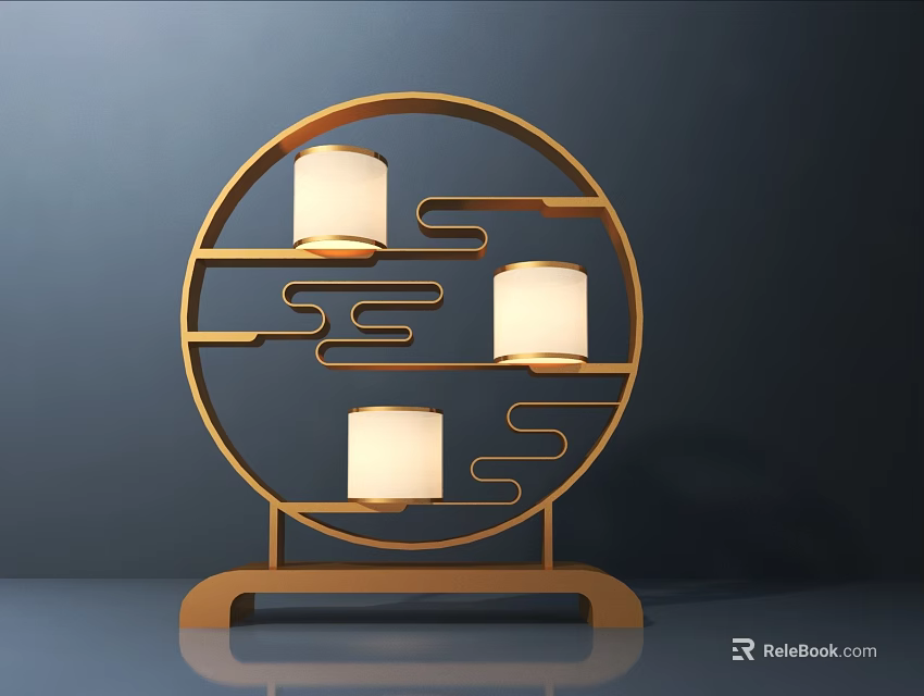 Chinese Style Table Lamp With Golden Frame Cloud Pattern And Three White Lampshades 3d model 