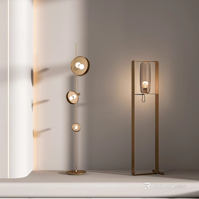 Modern Floor Lamps With Golden Frame Three Spherical Lamps And Rectangular Design 3d model