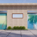 Entrance Gate With Green Blue Roller Doors Small Window And Green Plants On Building Exterior