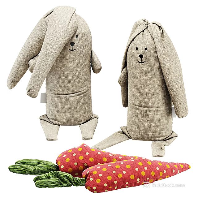 Gray Rabbit Fabric Dolls With Green And Red Yellow Polka Dot Carrot Toys 3d model 