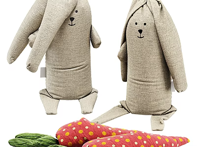 Gray Rabbit Fabric Dolls With Green And Red Yellow Polka Dot Carrot Toys 3d model
