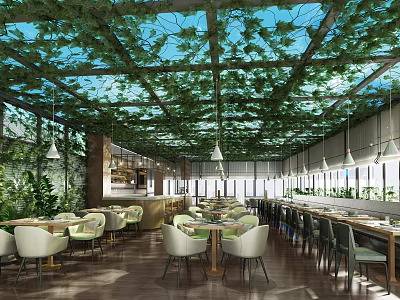 Vines Covered Grid Ceiling Restaurant With Open Layout Dining Tables And Natural Ambiance 3d model