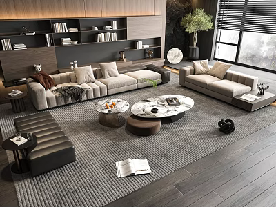 Modern Living Room Sofa And Coffee Table Set With Round Tables Area Rug And Bookshelf 3d model