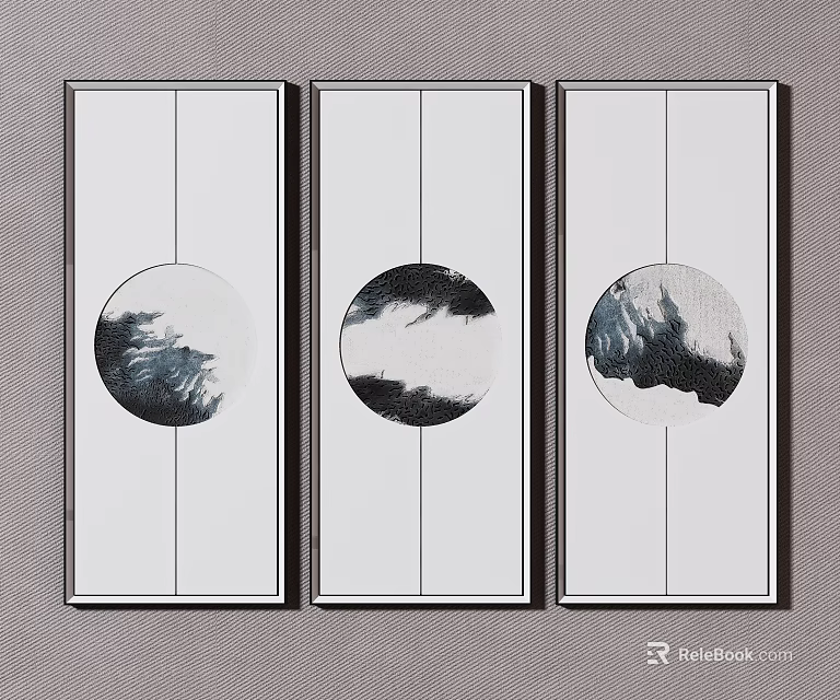 Three Panel Decorative Wall Art With Circular Ink Painting Patterns And Black Frames 3d model