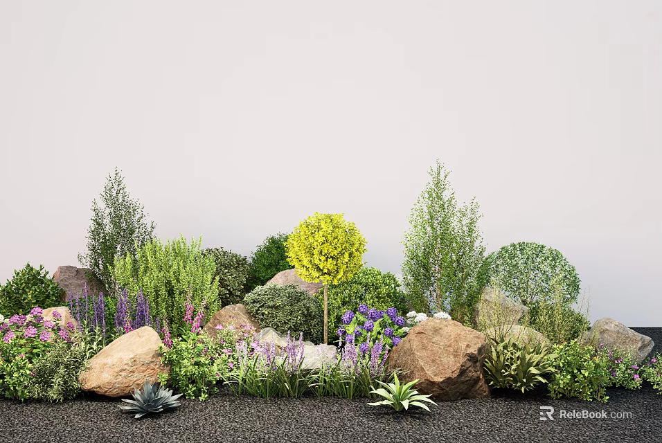 Lush Natural Green Plant Wall With Various Shrubs Flowers And Decorative Stones 3d model 