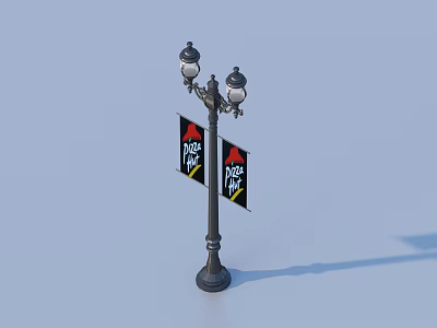 Vintage Street Lamp With Double Lanterns And Pizza Hut Flags For Home Decoration 3d model