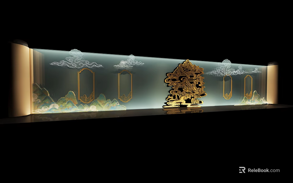 Elegant Background Wall With Cloud Patterns Golden Screen And Landscape Motifs 3d model 