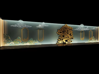 Elegant Background Wall With Cloud Patterns Golden Screen And Landscape Motifs 3d model