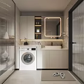 Modern Bathroom Interior With Marble Walls Vanity Illuminated Mirror Glass Shower And Washing Machine