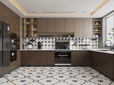 Modern Kitchen With Dark Wood Cabinets Patterned Backsplash Geometric Floor And Appliances 3d model