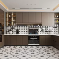 Modern Kitchen With Dark Wood Cabinets Patterned Backsplash Geometric Floor And Appliances