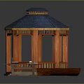 Octagonal Wooden Gazebo With Blue Tile Roof Small Boat Model And Wooden Table
