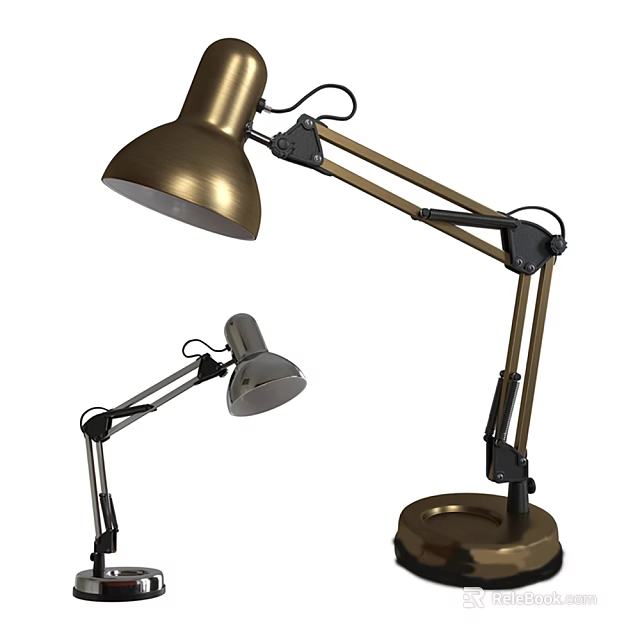 Two Golden Adjustable Arm Desk Lamps With Stable Base For Reading Work 3d model 
