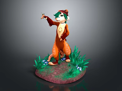 Anthropomorphic Fox Character With Green Hair And Orange Body On Grass Base With Blue Flowers 3d model