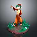 Anthropomorphic Fox Character With Green Hair And Orange Body On Grass Base With Blue Flowers