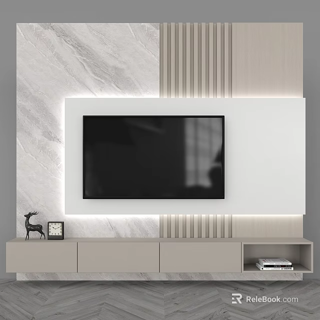 Modern TV Background Wall With Marble Texture Striped Panels LED Lighting And Storage Stand 3d model 