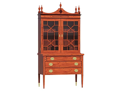 Traditional Wooden Cabinet With Glass Doors Drawers Golden Handles And Decorative Top 3d model