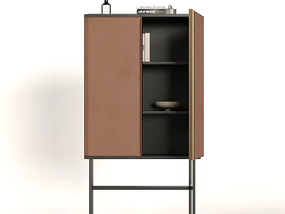 Modern Minimalist Entryway Console Side Cabinet With Brown Leather Panels And Black Metal Frame 3d model