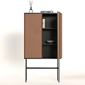 Modern Minimalist Entryway Console Side Cabinet With Brown Leather Panels And Black Metal Frame