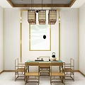 Traditional Chinese Style Store Interior With Circular Window Wall Decorations Potted Plants And Tea Sets