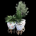 Decorative Bonsai Potted Plants In Blue And White Porcelain Pots With Fish Dragon Patterns