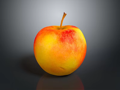 Fresh Ripe Red And Yellow Apple With Brown Stem On Dark Reflective Background 3d model